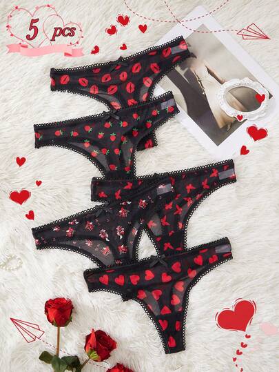5 Stück/Pack Damen Tanga Höschen Set mit niedriger Taille, Mesh Stoff, süßes Herz Muster, Erdbeere Muster, sexy Kontrastfarben Design, schwarzer Tanga, intimes Geschenk für Paare, Valentinstag