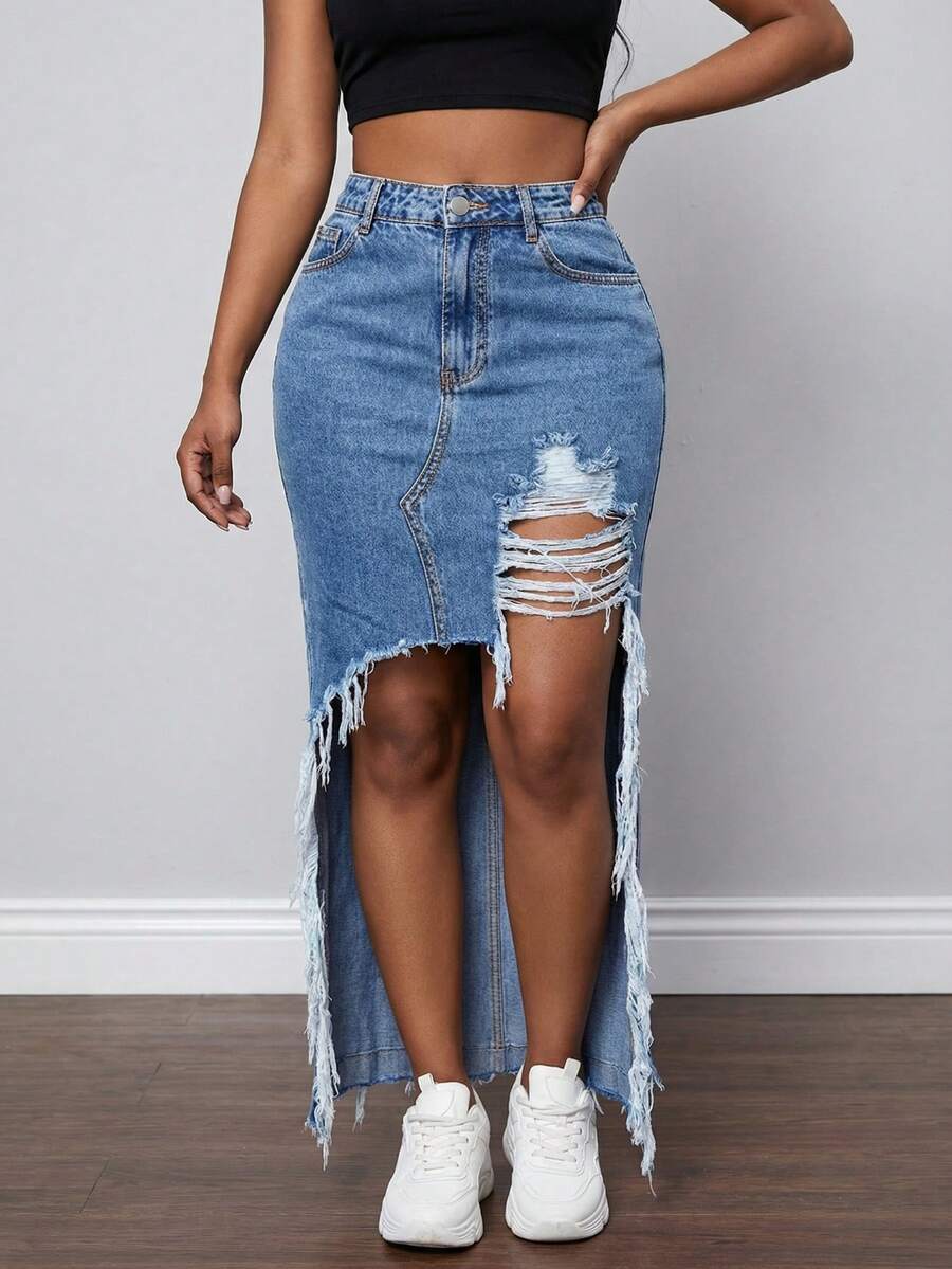 Women's High Waisted Asymmetrical Distressed Denim Skirt - Ripped High Low Frayed Hem Jean Skirt Streetwear Aesthetic - Rửa trung bình - Xem 1