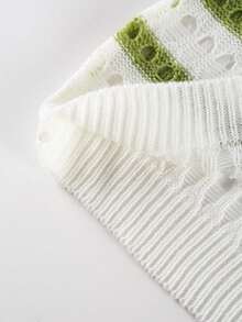 Women's Loose Sheer Striped Hollow Out Cover Up, Round Neck 3/4 Sleeve Pullover Top, Spring - Multicolor - View 7