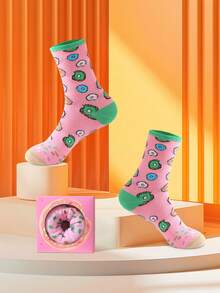 1 Pair Cute & Unique Multi-Color Donut Themed Mid-Calf Socks Gift Box, 2026 Spring/Summer New Unisex Sports Socks, Imaginative Food-Inspired Creative Design, Knit Fabric, Soft & Comfortable, Perfect Gift For Easter, Birthday, Thanksgiving, Halloween, Christmas, Carnival, Valentine's Day, Family Gathering, Party, Fashionable & Quirky Daily Casual Wear - Multicolor - View 4