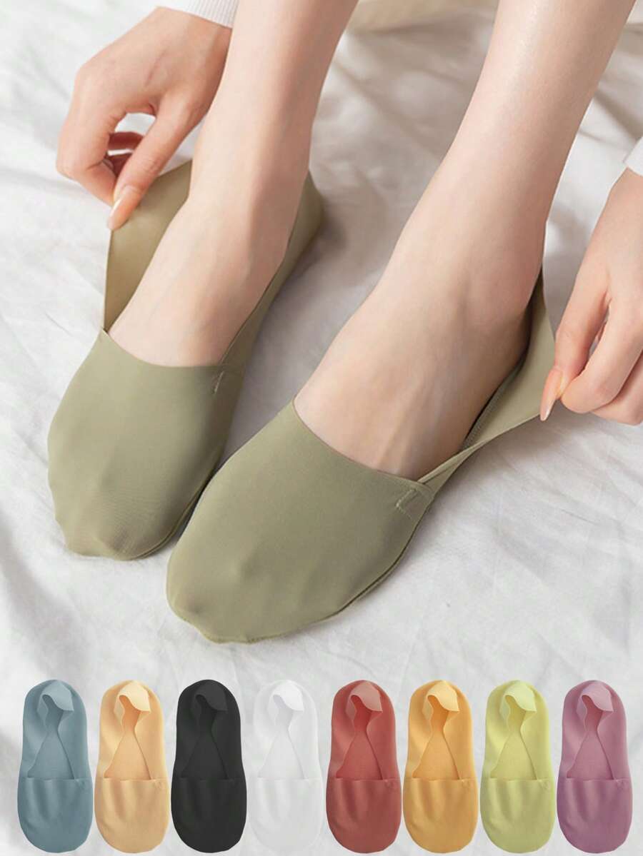 chuanwa（2） 5 Pairs Women's Breathable Silicone Non-Slip Solid Color Boat Socks, Comfortable High Quality Invisible Socks, Ultra-Thin Soft Breathable