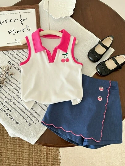 Young Girls Summer Cherry Embroidery Sleeveless Polo Collar Top + Navy Wavy Embroidered Skirt Pants 2-Piece Set, Elastic Ribbed Fabric, Waist Cinching, Outfit For Daily Wear And Outings