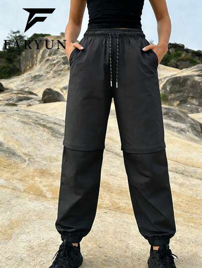 Women's Outdoor Casual Drawstring Pants, Solid Color Versatile Design, Outdoor Hiking Convertible 7/8 Pants