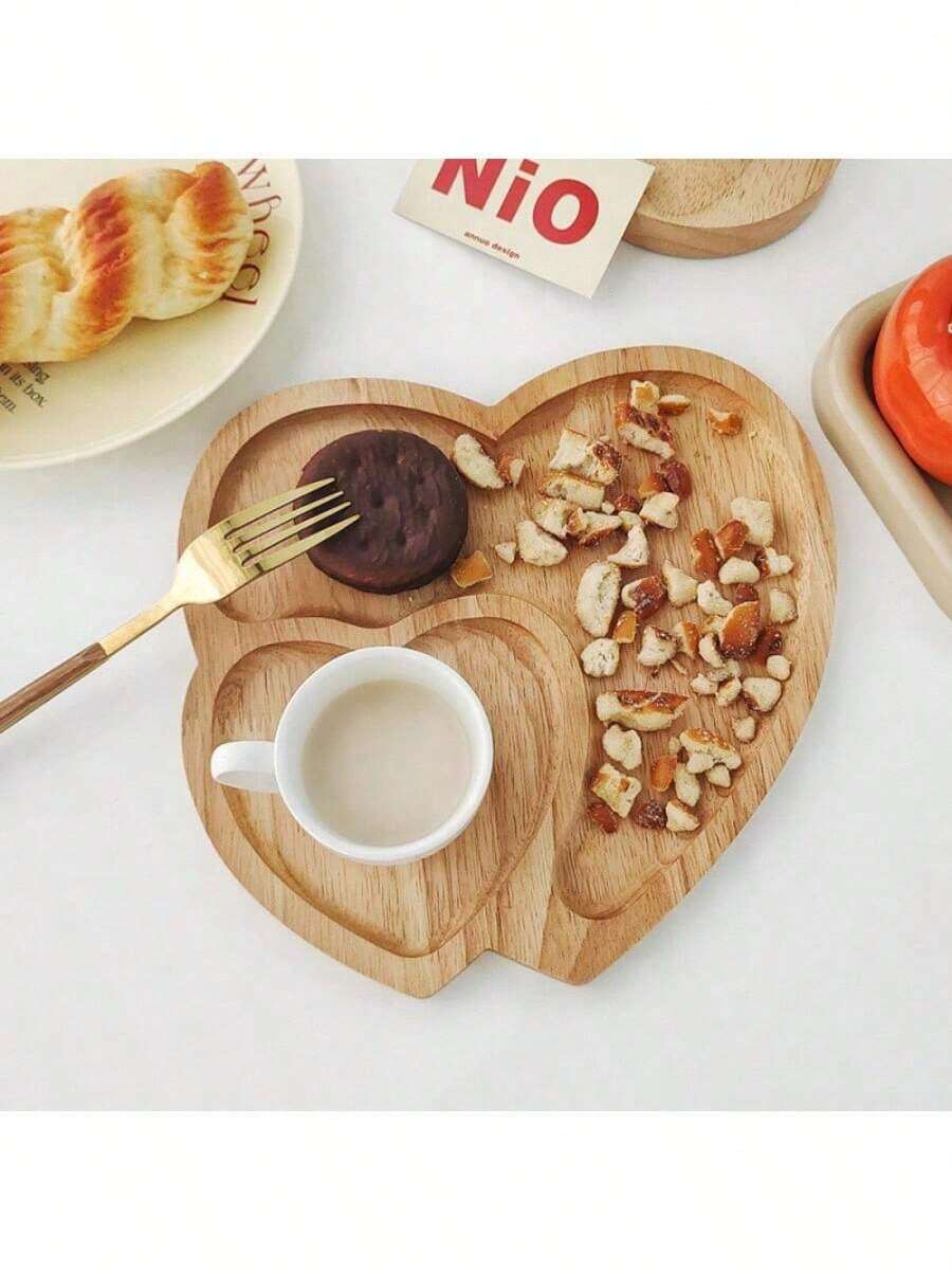 1PC Wooden Tray, Heart Shaped Serving Tray, For Breakfast, Dessert, Bread, Snack, Multifunctional Dinner Plate, Cup Tray, Afternoon Tea Tray, For Home Hotel Restaurant, Kitchen Supplies, Dining Table Decoration,Gifts For Mom Christmas Gift, Valentine's Day Gift, Valentine's Gift - Màu gỗ - Xem 1