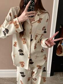 2pcs Dog Print Button-Up Cardigan Pajama Set For Women, Long Sleeve & Long Pants - Apricot - View 4