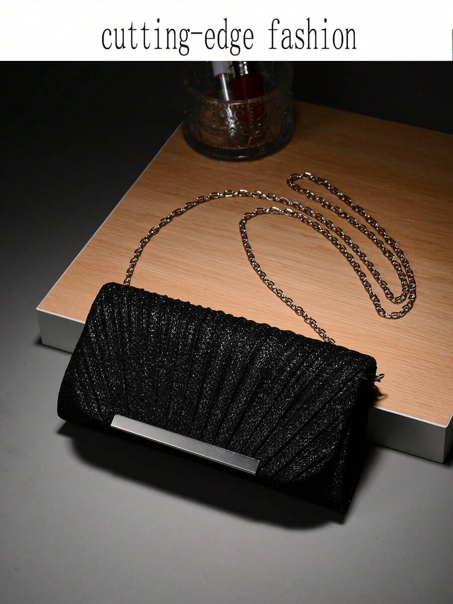 Christmas Fun Gift Bag, European & American Sequin Evening Bag, Ladies' Dinner Bag, Chain Shoulder Bag, Ladies' Party Bag, Party Bag, Shoulder Bag, Charming & Exquisite Low-Key Luxury, Sequin, Fashion, Luxury, Shiny Sequin Envelope Bag, Twist Detail, Charming Evening Bag, Party Girl Dinner Bag - Black - View 1