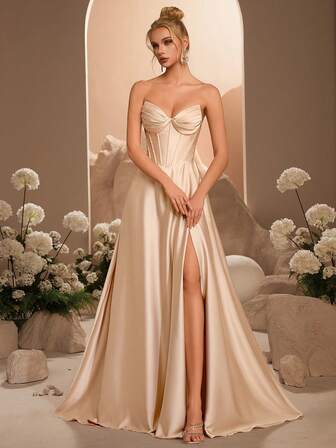 ADYCE Elegant Summer Strapless V-Neck High Waist Slit Skirt, Backless Tie Design, Suitable For Galas, Birthday Parties, Formal Dinners, Dates, Homecoming, Wedding Guests, Formal Evenings, Family Gatherings And More