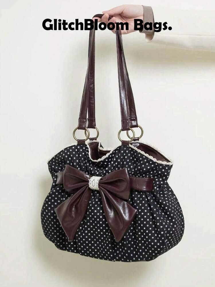 Retro Polka Dot Bow Decor One Shoulder Tote Bag, Vintage Japanese Style Minimalist Bag, Suitable For Students, Street Fashion, Party, Gift - Multicolor - View 2
