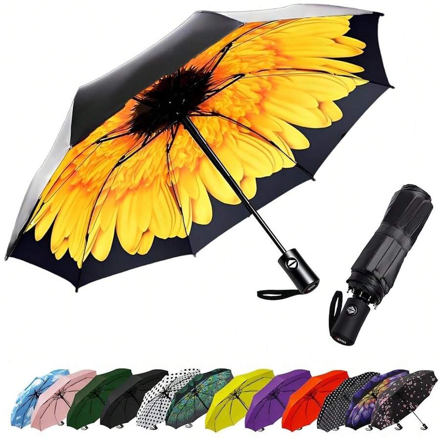 Compact Travel Umbrella - Windproof Auto Open/Close, Lightweight Folding Umbrella WIth Fiberglass Frame & Waterproof Canopy. Fits Backpack/Purse. (Sunflower),42Inch-1Pack,Sunflower - Sunflower - View 1
