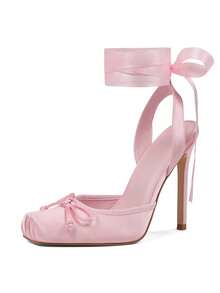 Ballet High Heels For Women Square Toe Satin Mary Janes Lace Up Heels Elegant Ballerina Stiletto Heels With Bow Party Dancing Shoes For Women - Màu hồng nhạt A - Xem 2