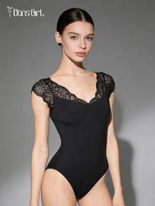 DonsGirl 1 件女式 V 领蕾丝袖舞蹈紧身衣，性感蕾丝拼布修身紧身衣