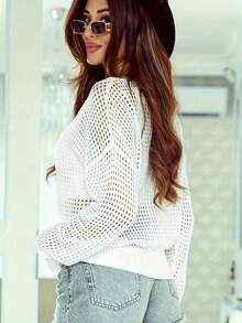 女士白色V领镂空网纱宽松透视性感长袖罩衫 - 白色 - 查看 2