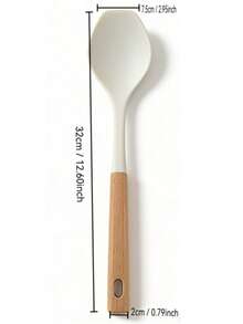 This White Silicone Flat-Head Soup Spoon Has A Soft Surface That Won't Scratch Cookware. It's Suitable For Serving Soup, Porridge, And Rice. The Spoon Is Made Of Silicone With A Wooden Handle That Feels Warm To The Touch And Won't Get Hot. The Bottom Of The Spoon Has A Hanging Hole For Easy Storage, Making It A Practical Tool For Daily Cooking And Serving In The Kitchen. - Multicolor - View 3