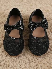 女童黑色亮片蕾丝漆皮蝴蝶结平底鞋，适合搭配连衣裙和日常穿着 - 黑色 - 查看 5
