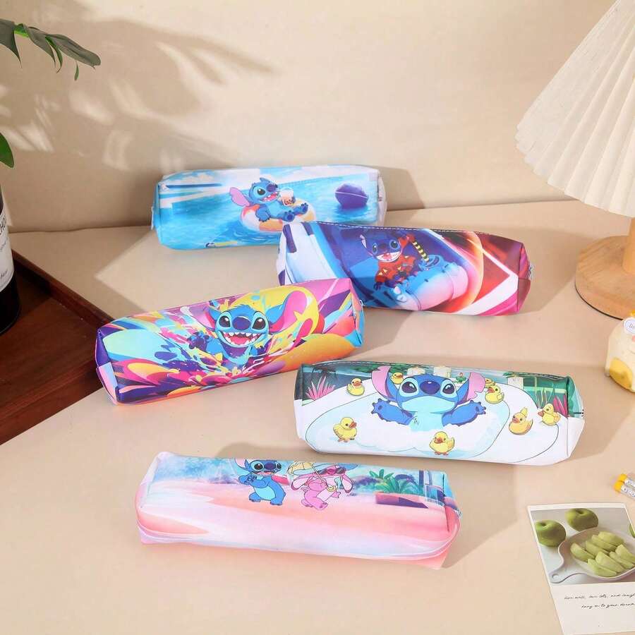1pc Cartoon Stitch Allover Print PU Pencil Case, Large Capacity Student Stationery Storage Bag, Cute Cartoon PU Pencil Pouch, Suitable For Students And Office Workers Daily Use