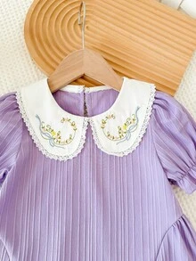 Girls' Purple Jacquard Textured Summer Dress, Cute Floral Embroidery Peter Pan Collar Design, Loose Puff Sleeve, Sweet Vacation Style Princess Dress - Purple - View 6