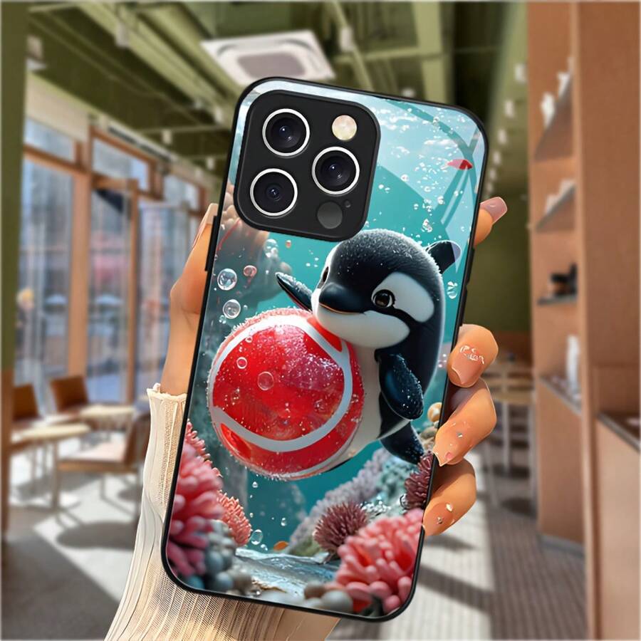 Funda de teléfono de vidrio templado con diseño de pequeño delfín sosteniendo una pelota, coral, pez pequeño, dibujo animado, rojo y azul, linda y animada para iPhone 16 15 14 13 12 11 Plus Pro Max 5G - Colores mixtos - Ver 1