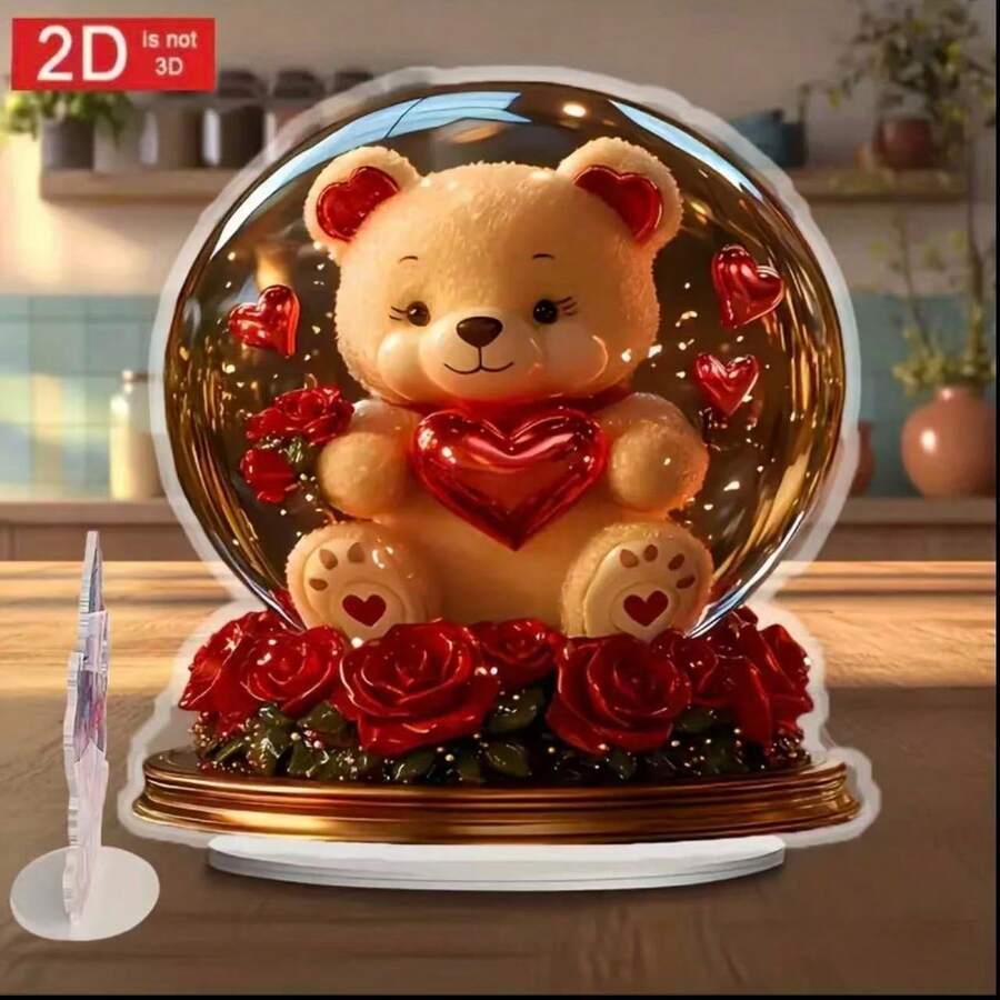 Bohemian Style Acrylic Snow Globe With Teddy Bear And Rose Heart Pendant | Charming Desktop Decor, Battery-Free, Suitable For Living Room, Bedroom, And Study, Ideal Gift For Friends And Family - Multicolor - View 1