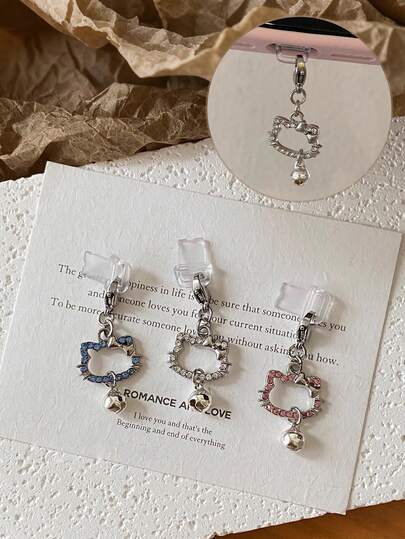 Sanrio 镶钻KT小猫充电口防尘盖，适用于 Type-C手机，通用可爱酷炫铃铛吊坠，手机充电口防尘盖，手机充电口装饰