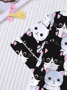 2pcs Cartoon Cat Print Tween Girl Pajama Set, Cute & Comfortable Children Sleepwear Outfit, Flame Retardant Collared Shirt & Elastic Waist Shorts, Suitable For Loungewear, Party, Holiday - Multicolor - View 6