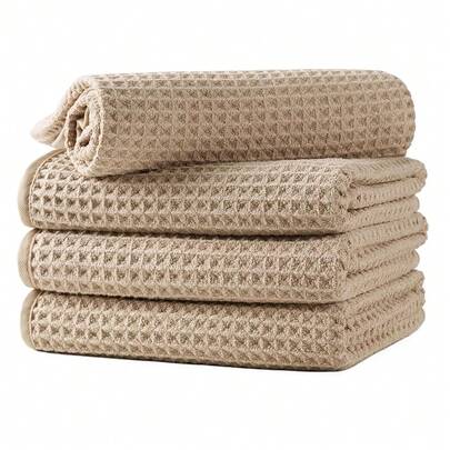 Microfiber Waffle Hand Towels, 4 Pieces, Soft, Absorbent, Fast Drying, Lint Free (Beige)