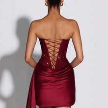 European And American Style Strapless Shiny Rhinestone Waist-Cinching Dress Satin Irregular Short Dress Party Nightclub Tight Elegant Gown - 酒紅色 - 查看 5
