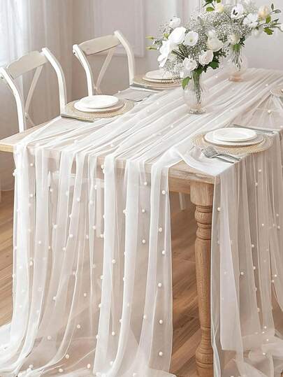 1pc Pearl Decor Sheer Fabric, Photography Backdrop, Can Be Used As Table Runner, Pearl Background Tablecloth, White Pearl Sheer Tablecloth For Wedding, Wedding Arch Decor, Wedding Reception, Bridal Shower, Party Decoration