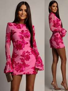 Đầm dự tiệc thanh lịch in hoa dành cho nữ với tay áo loe họa tiết hoa 3D, thích hợp cho kỳ nghỉ xuân. - Màu hồng tươi sáng - Xem 4