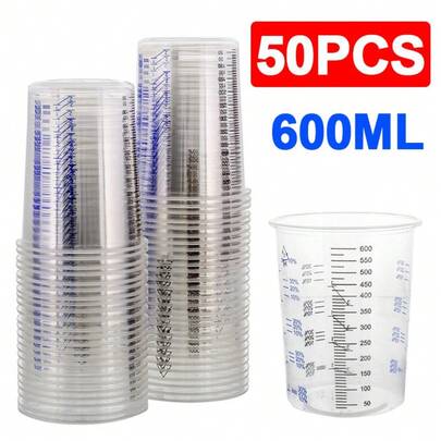 50X Clear Paint Plastic Mixing Cups 600CC Calibrated Measuring Polypropylene New