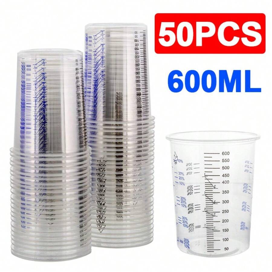 50X Clear Paint Plastic Mixing Cups 600CC Calibrated Measuring Polypropylene New - Transparent - View 1