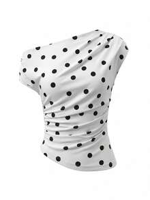 Off White Polka Dot Boat Neck Top | Ruched Slim Fit Crop Top For Date & Brunch - White - View 7