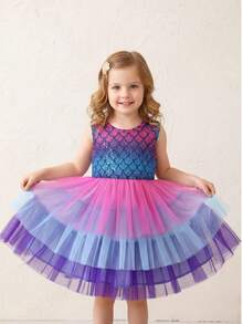 Young Girl Mermaid Sleeveless Vest Net Yarn Spliced Dress, Summer Gradient Color Princess Cake Dress - Purple - View 2