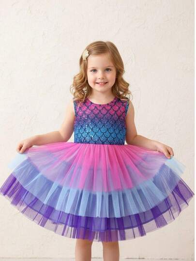 少女美人魚無袖背心網紗拼接裙，夏季漸變顏色公主蛋糕裙