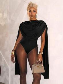 Jumpsuits For Women Cape Long Sleeve Bodysuit Top One Piece Party Club Night Out Outfits Bodycon Romper - 黑色 - 查看 1