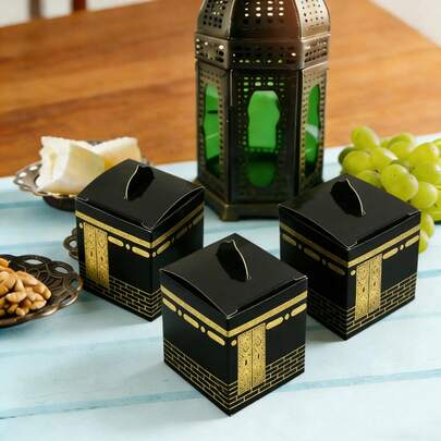 10个装黑色金箔朝觐糖果盒，斋月朝圣礼盒，开斋节纸质糖果盒，适合作为斋月节礼物，斋月朝圣礼盒