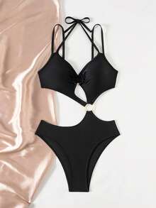 بدلة سباحة قطعة واحدة بتصميم أوروبي وأمريكي جديد لعام 2026، بقماش محبوك ذو لون أحادي، بياقة حلقة وظهر مكشوف، مناسبة للصيف والعطلات الشاطئية - الأسود - مشاهدة 6