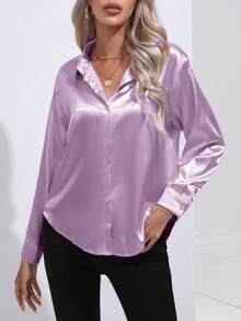 Silky Satin Feel Women's Shirt, Breathable Soft Blouse For A Luxury Comfort Experience - Màu tím  Violet - Xem 7