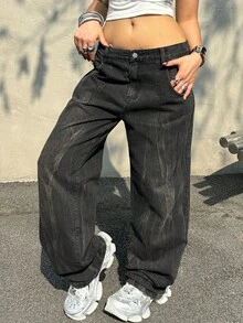 Street Slant Pocket Washed Distressed Loose Fit Wide Leg Denim Jeans Casual Daily Going Out Versatile Spring Summer Clothes For Women - Black - View 2