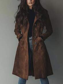 High Quality Women's Clothing Autumn And Winter Coat Lapel Imitation Suede Velvet Long Trench Coat Outerwear Fashion All-Match - 深棕色 - 查看 7