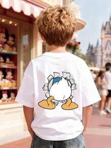 Disney Donald Duck Double-Sided Print, Summer Boys' Casual Cotton Crew Neck Short-Sleeve Top, Suitable For Everyday Wear, Travel, And Sports, Comfortable And Breathable, Stylish And Versatile, A Perfect Gift For Children. - 白色 - 查看 3