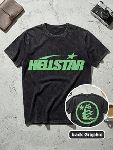 Green Shooting Star Logo Graphic Tee Unisex Couple Matching Boyfriend Style Hell Star Double Sided Print Neon Colorway Streetwear Flame Face Acid Washed Cotton Graphic Tees Men Oversized T Shirt Summer Outfits Camisetas Para Hombre - 黑色 - 查看 1