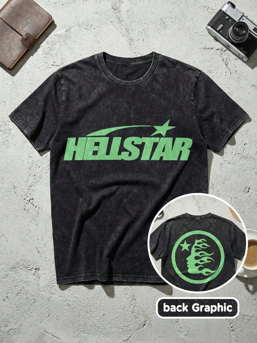Green Shooting Star Logo Graphic Tee Unisex Couple Matching Boyfriend Style Hell Star Double Sided Print Neon Colorway Streetwear Flame Face Acid Washed Cotton Graphic Tees Men Oversized T Shirt Summer Outfits Camisetas Para Hombre - 黑色 - 查看 1