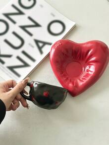 1pc Vintage High-Quality Red Heart Ceramic Cup & Saucer Set, Stylish Milk/Coffee Ceramic Cup & Saucer - Multicolor - View 8