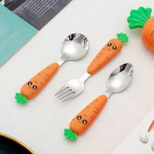 1 Set 304 Stainless Steel Cutlery, Fork And Spoon, Creative Cartoon Carrot Design Tableware - Multicolor - View 3