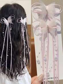 2pcs Mesh Butterfly Long Streamer Beaded Tassel Hair Clip, Bangs Side Clip, Princess Style, Suitable For Valentine's Day Decoration, Daily, Party, Valentine's Day Use (No Card, Handmade, Bowknot May Not Be Separated Due To Packaging Compression, Consistent With Displayed Effect) - Multicolor - View 2