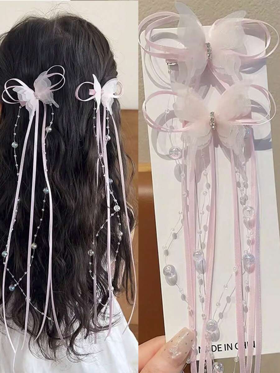 2pcs Mesh Butterfly Long Streamer Beaded Tassel Hair Clip, Bangs Side Clip, Princess Style, Suitable For Valentine's Day Decoration, Daily, Party, Valentine's Day Use (No Card, Handmade, Bowknot May Not Be Separated Due To Packaging Compression, Consistent With Displayed Effect)