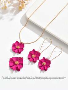 1 Set Of 3pcs Vintage French Floral Spray Paint Exaggerated Fuchsia Multilayer Pendant Necklace & Earrings Set, Fresh And Sweet Floral Choker Necklace Jewelry Set For Women, Suitable For Daily, Vacation, Party Wear - Hot Pink - View 7