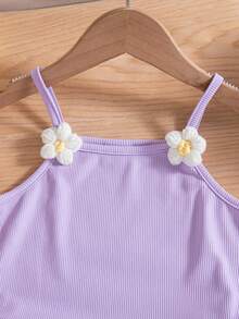 Girls Casual Sleeveless Top With 3D Floral Design And Elastic Waist Layered Umbrella Skirt, Spring/Summer - Purple - View 3