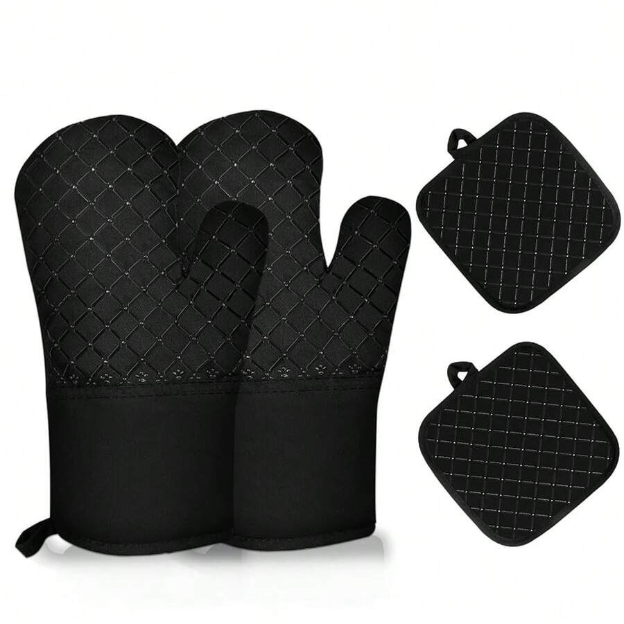 4PCS Oven Mitts And Pot Holders Sets 500F Pot Holders For Kitchen Heat Resistant Oven Gloves Anti-Slip Silicone Stripe Oven Mitts Heat Resistant Hot Pads Oven Mits Potholders For Kitchens (Black),4pcsBlack - 4件黑色 - 查看 1