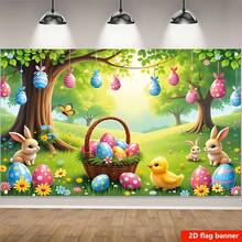 Un lienzo de terciopelo con diseño vibrante de primavera con un conejo de Pascua, huevos, flores y mariposas, colgante de pared de poliéster, adecuado para pancartas de fiestas familiares, con varios escenarios y tamaños a elegir. - Multicolor - Ver 4